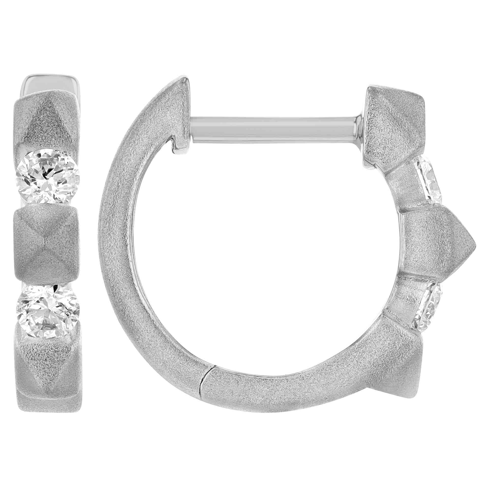 Diamond & Small Spike Pattern Huggie Hoop Earrings in White Gold