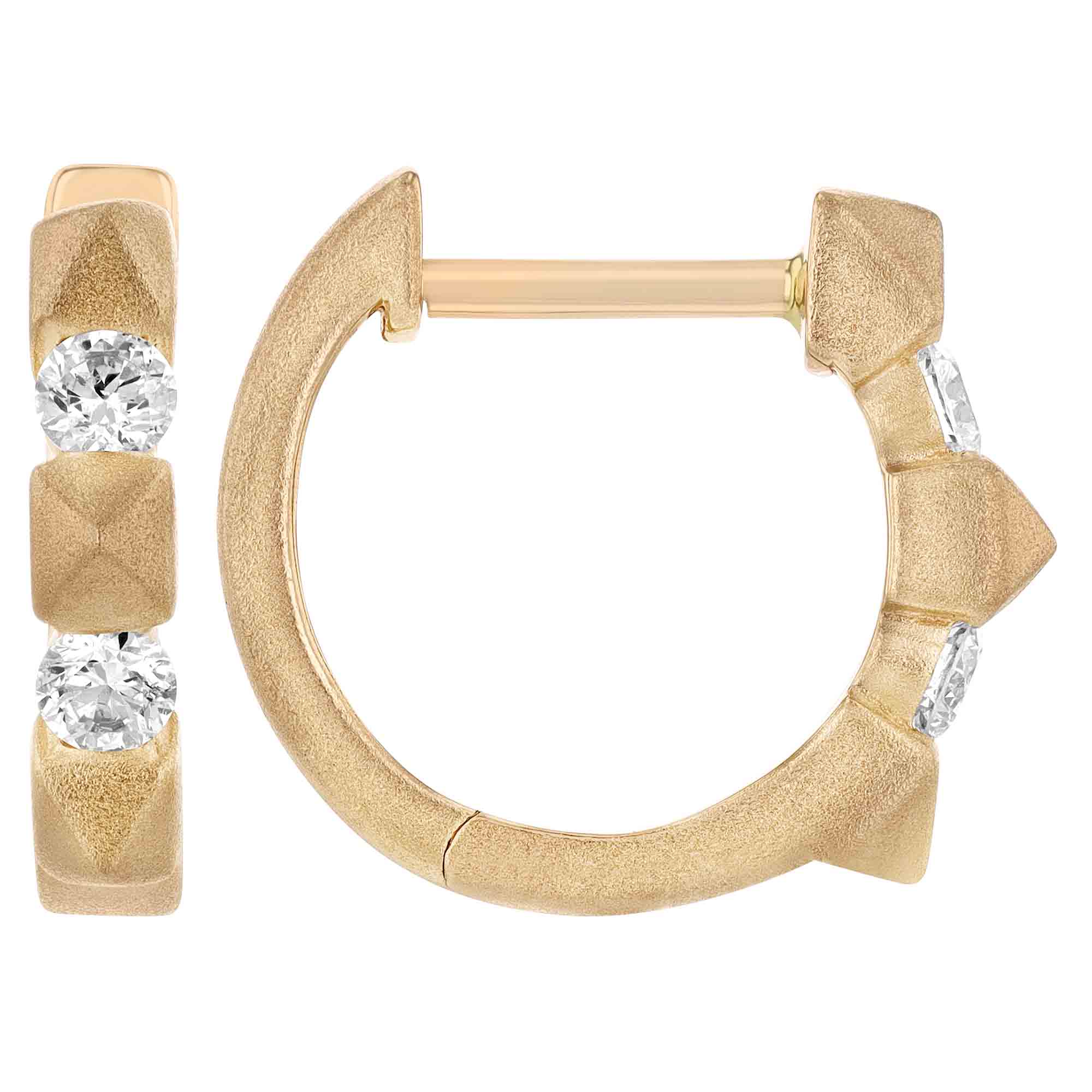 Diamond & Small Spike Pattern Huggie Hoop Earrings in Yellow Gold