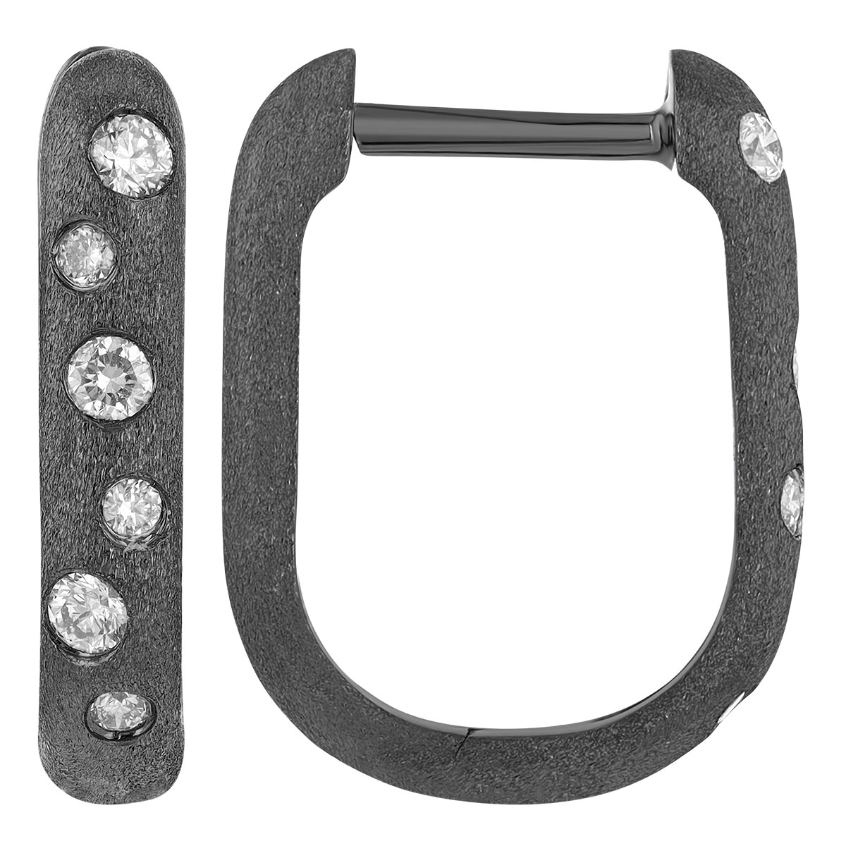 Flush Set Diamond Scatter U-Shaped Hoop Earrings in White Gold & Satin Black Rhodium