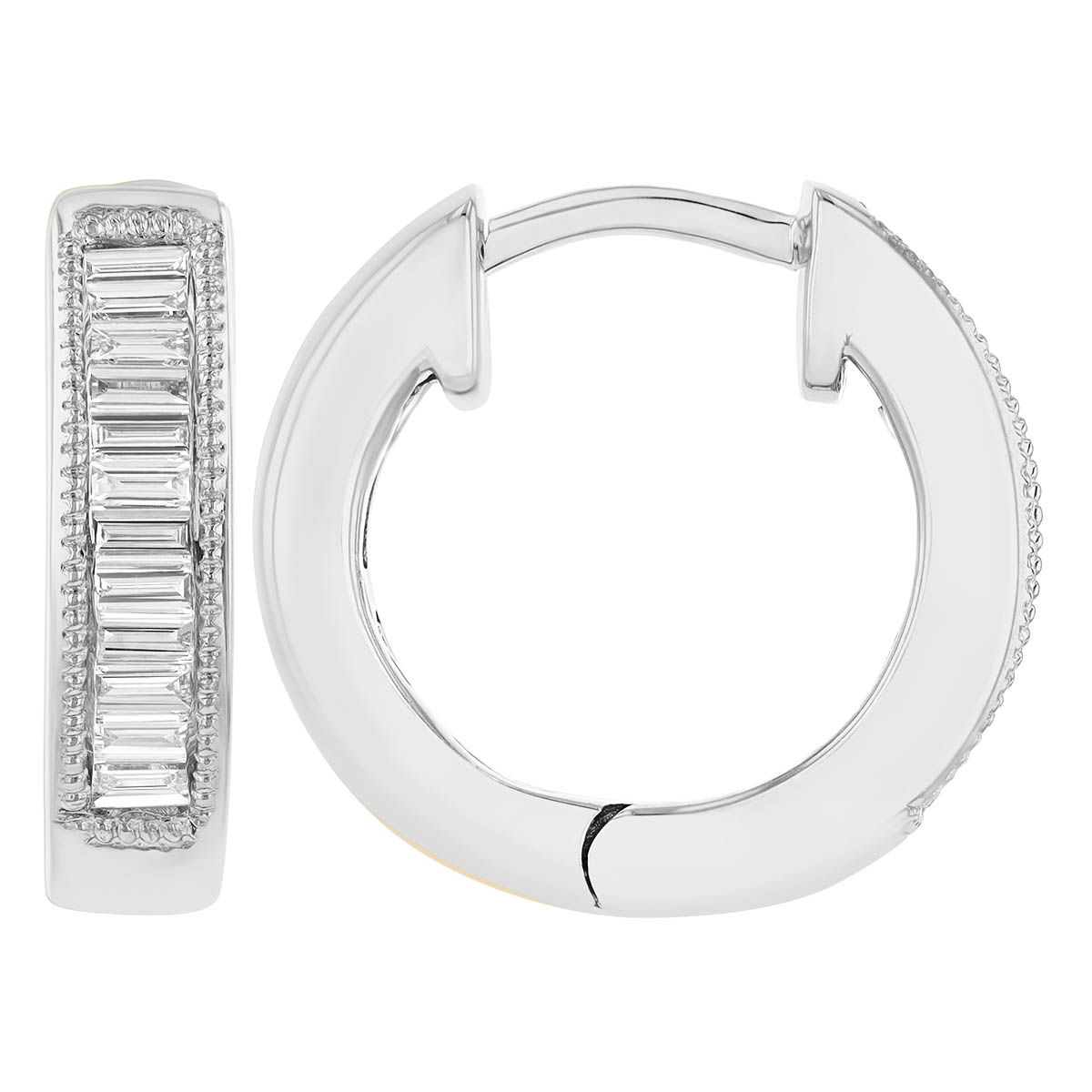 Baguette Diamond Channel Set Huggie Hoop Earrings with Milgrain in White Gold