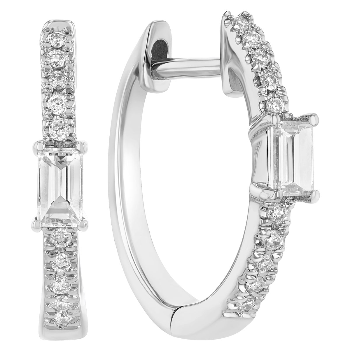 Baguette Diamond & Pavé Huggie Hoop Earrings in White Gold