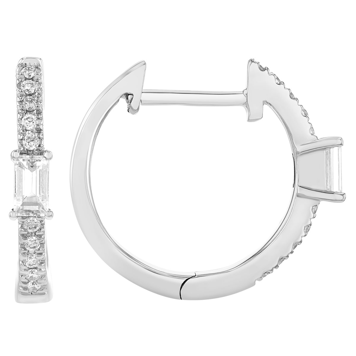 Baguette Diamond & Pavé Huggie Hoop Earrings in White Gold