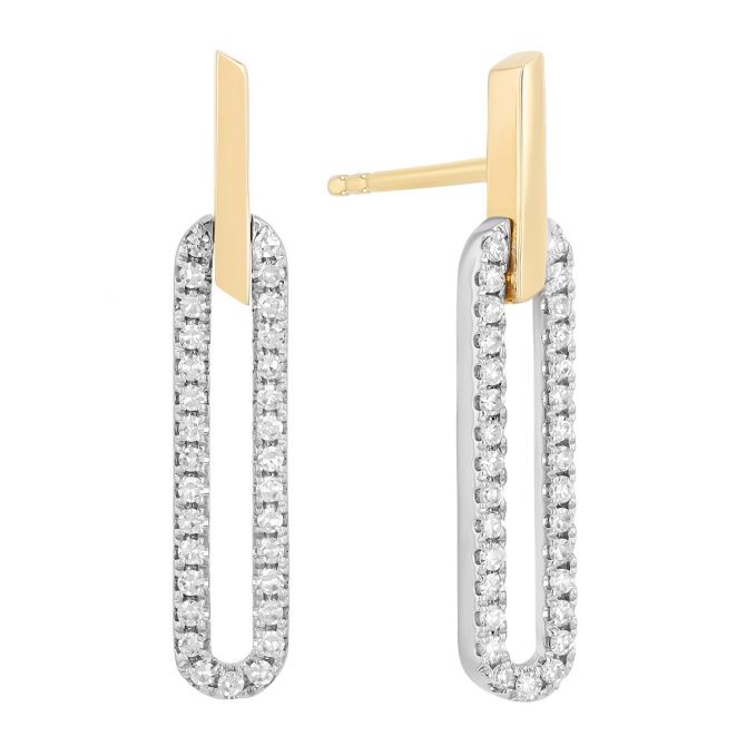 Diamond Paperclip Link Drop Earrings in Two Tone
