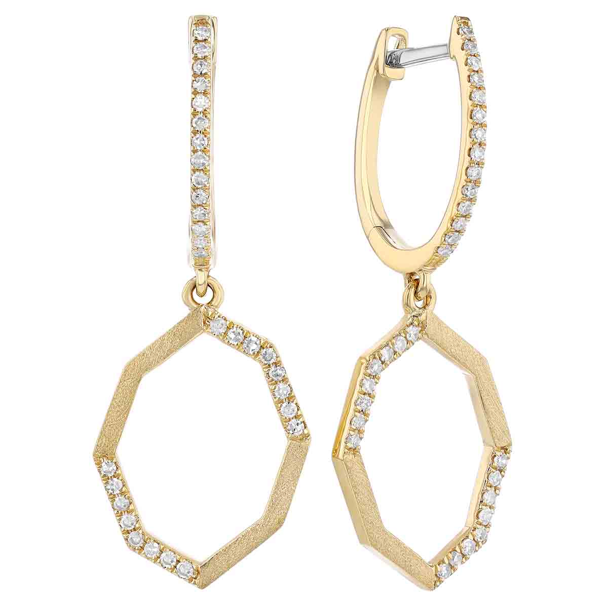 Diamond Octagon Dangle Hoop Earrings in Yellow Gold