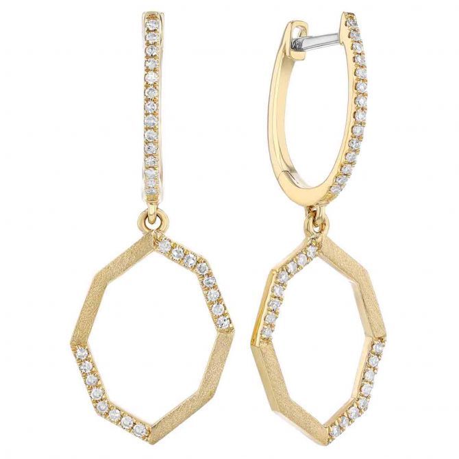 Diamond Octagon Dangle Hoop Earrings in Yellow Gold