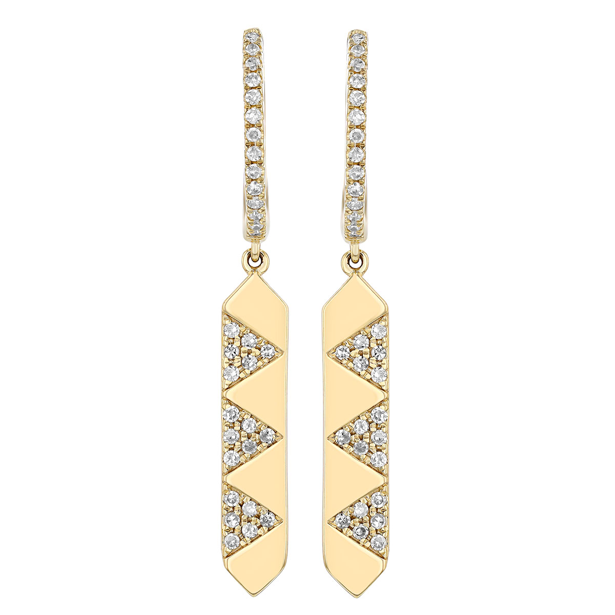 Diamond Pavé Chevron Pattern Dangle Hoop Earrings in Yellow Gold