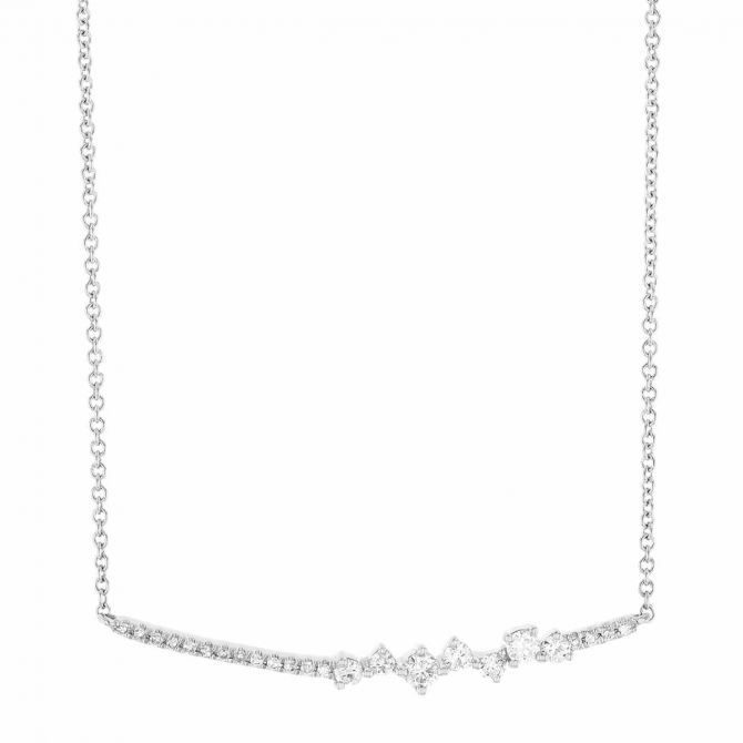Diamond Cluster Curved Bar Necklace in White Gold, 18"