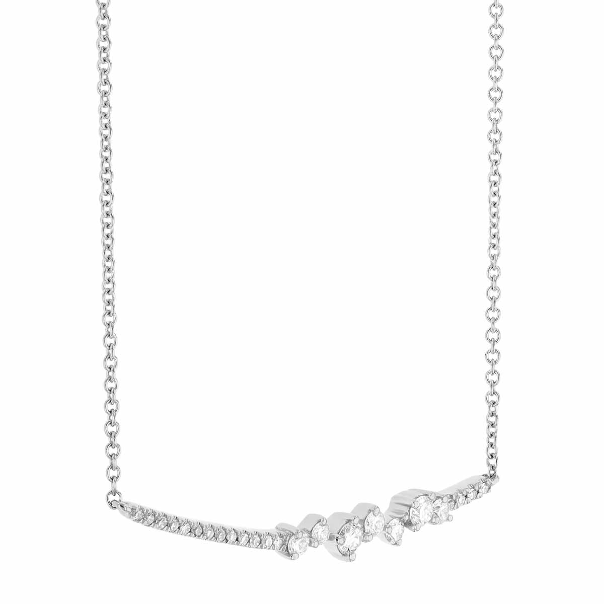 Diamond Cluster Curved Bar Necklace in White Gold, 18