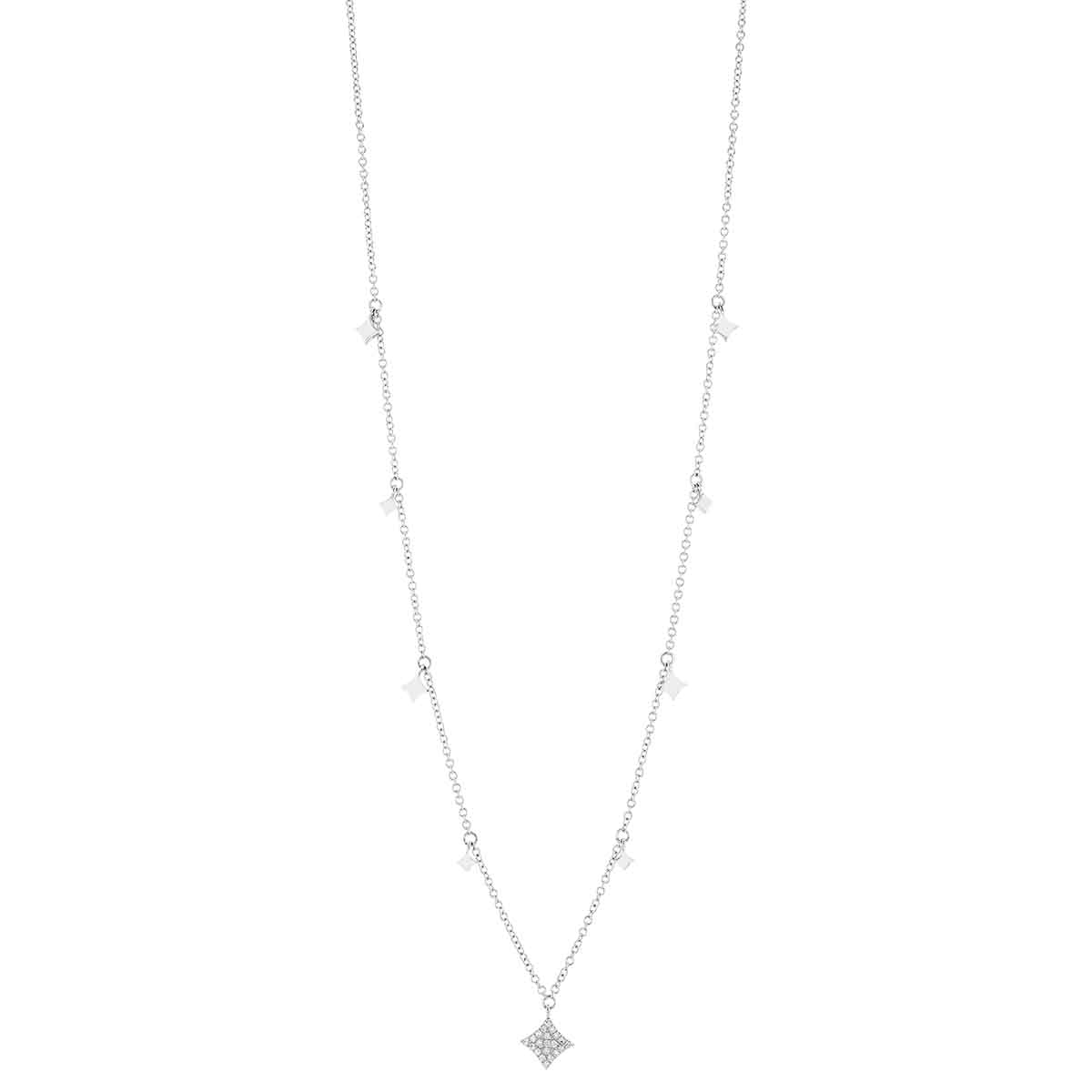 Diamond Pavé & White Gold Star Drop Station Necklace in White Gold, 18