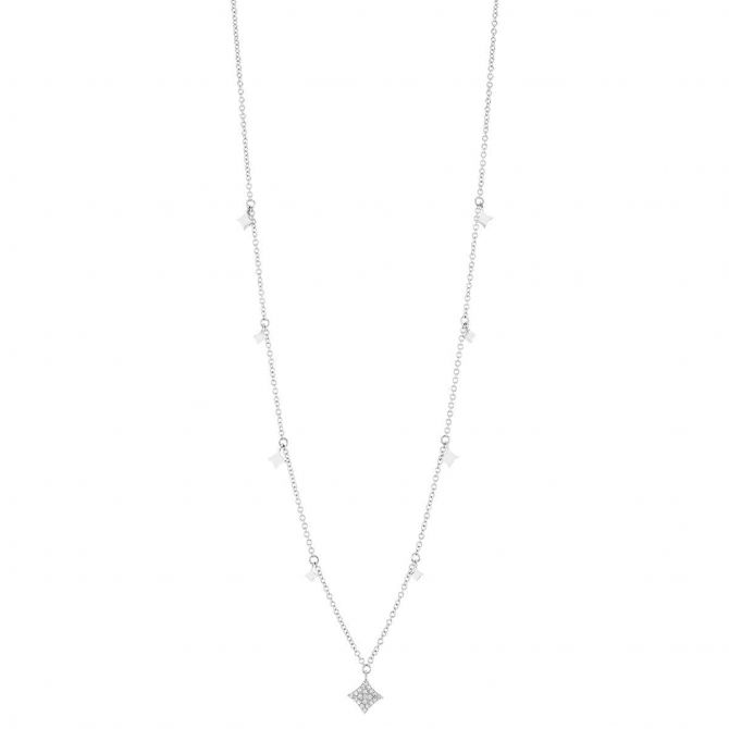 Diamond Pavé & White Gold Star Drop Station Necklace in White Gold, 18"