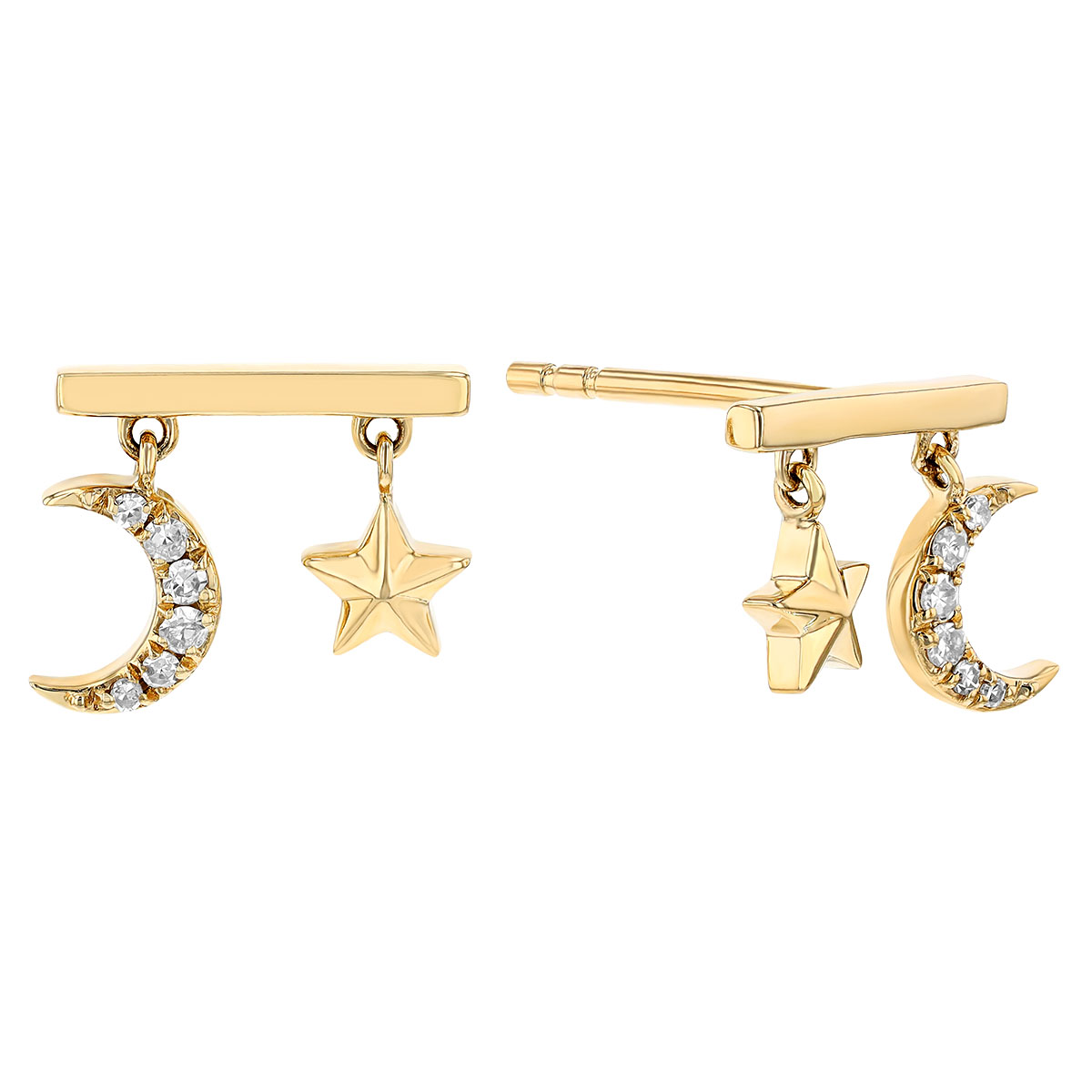 Diamond Moon & Star Bar Stud Earrings in Yellow Gold