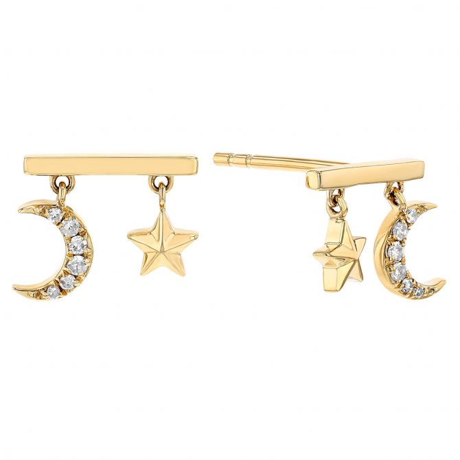 Diamond Moon & Star Bar Stud Earrings in Yellow Gold