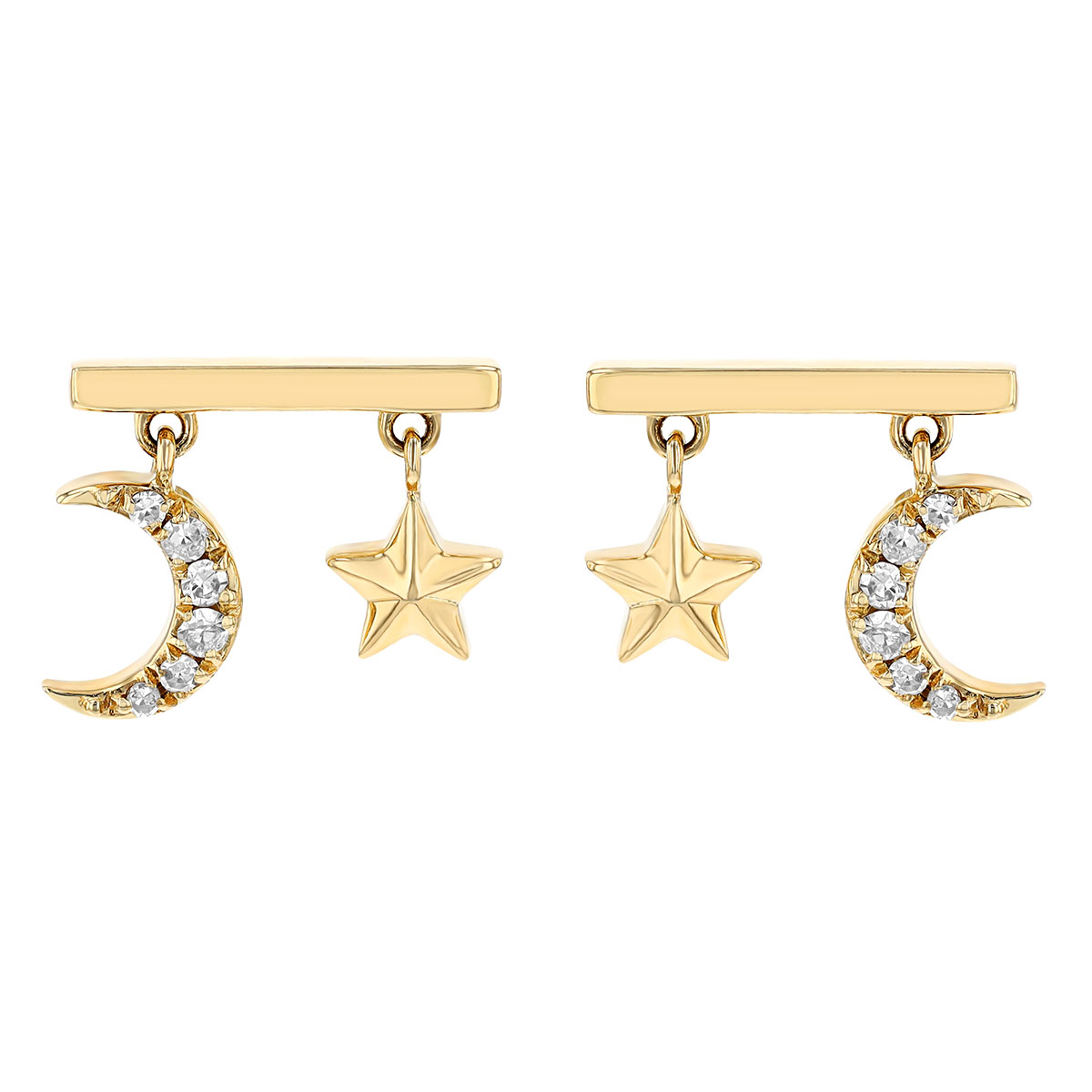 Diamond Moon & Star Bar Stud Earrings in Yellow Gold