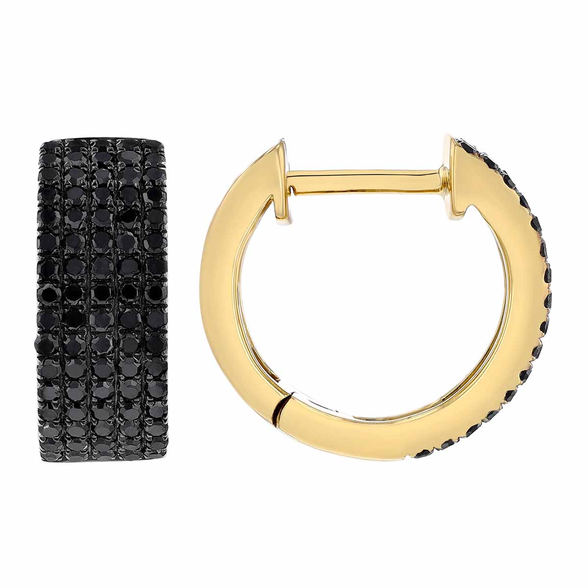 Black Diamond Pave Wide Huggie Hoop Earrings in Yellow Gold & Black Rhodium
