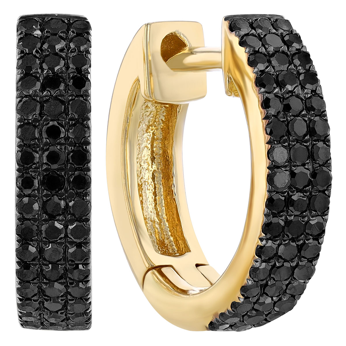 Black Pavé Diamond 3 Row Huggie Hoop Earrings in Yellow Gold