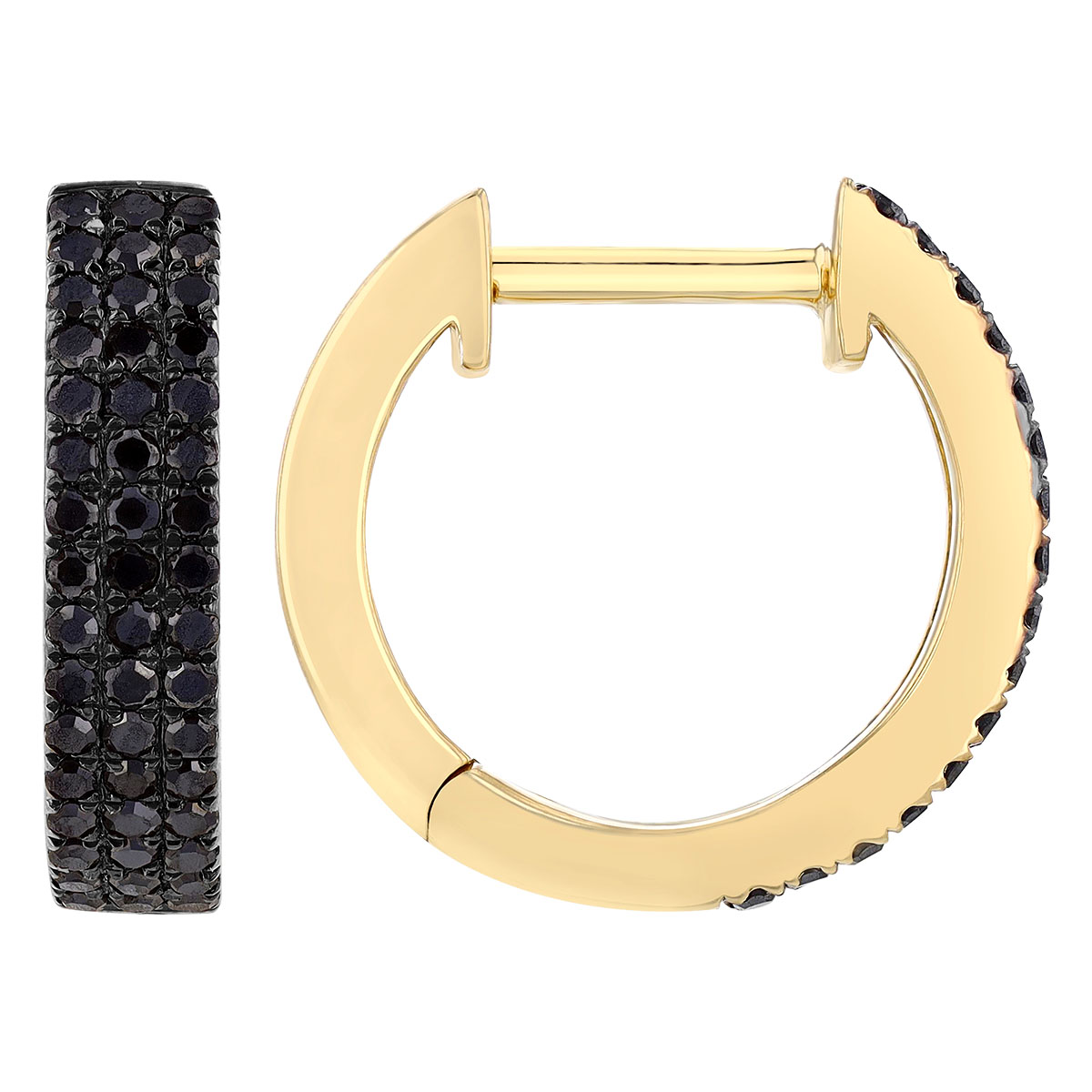Black Pavé Diamond 3 Row Huggie Hoop Earrings in Yellow Gold