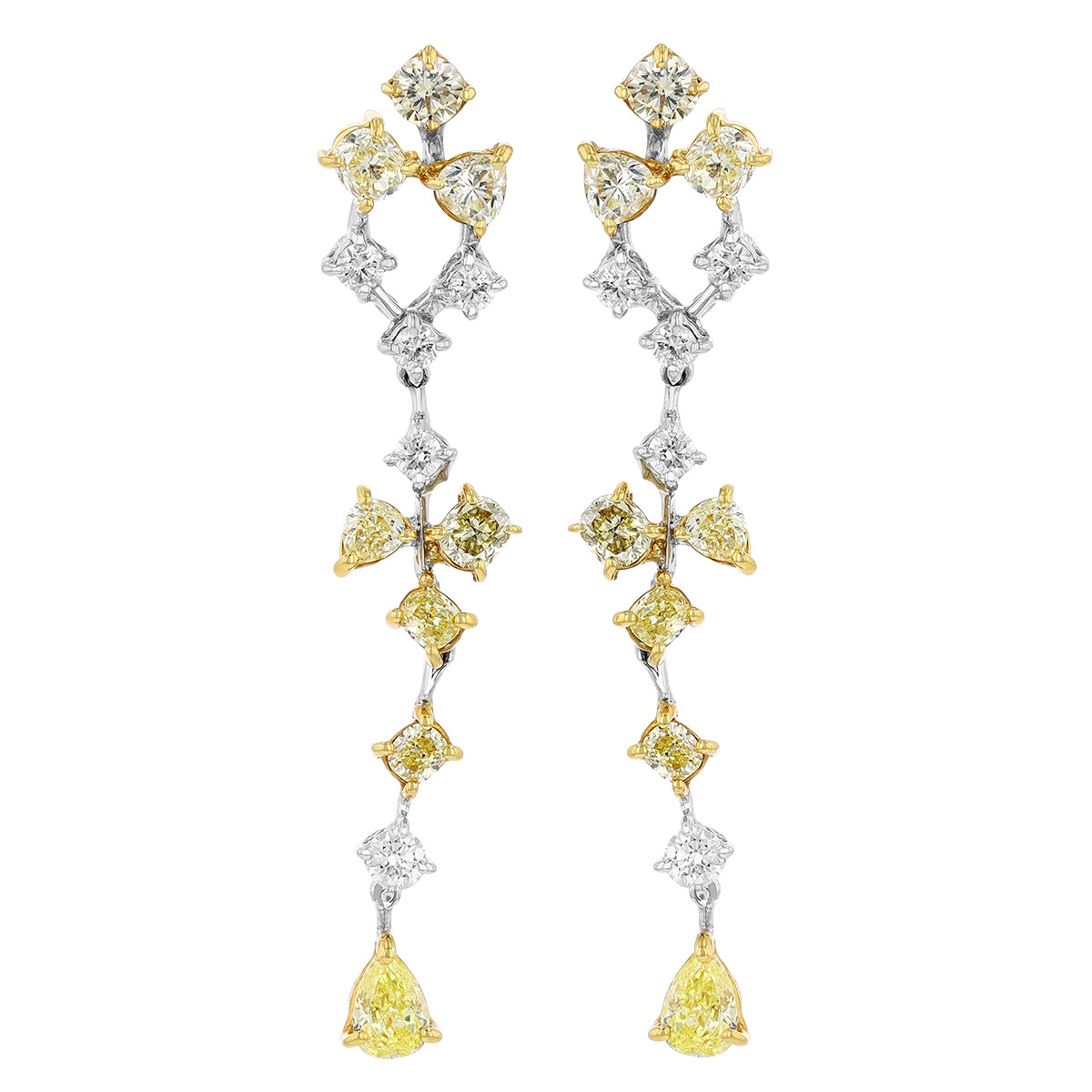 Yellow & White Multi Shape Diamond Drop Earrings in White & Yellow Gold