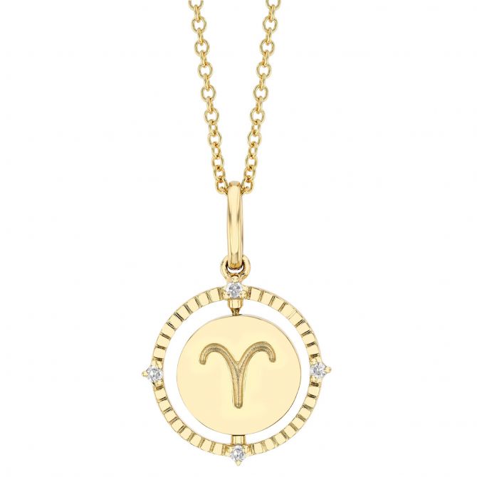 Aries Zodiac Flip Disc Pendant with Diamonds in Yellow Gold
