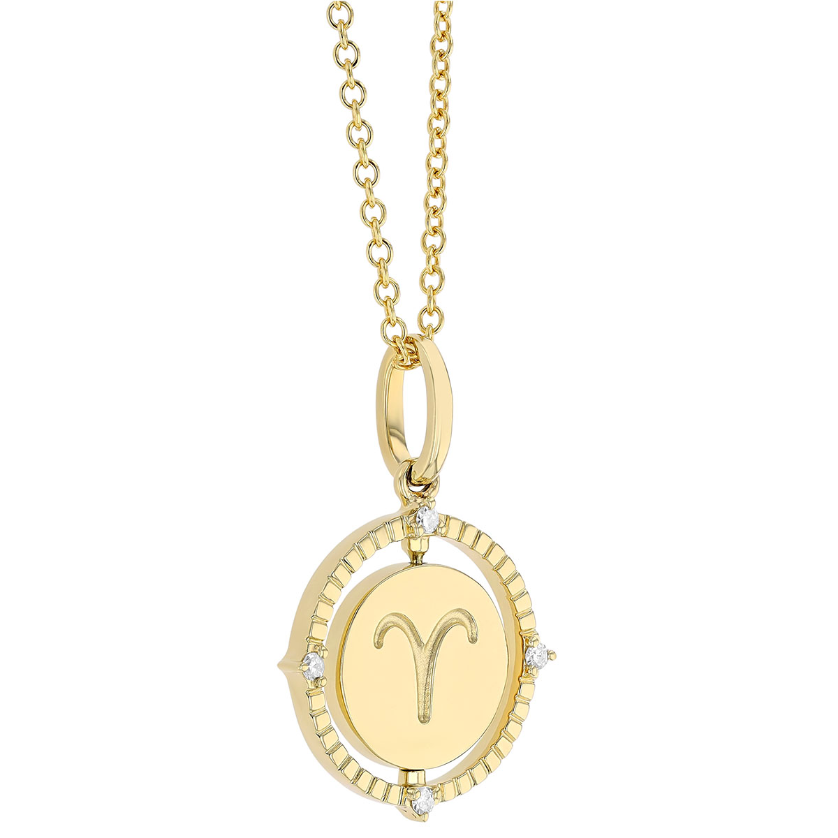 Aries Zodiac Flip Disc Pendant with Diamonds in Yellow Gold