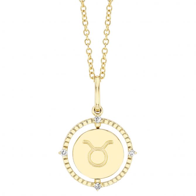 Taurus Zodiac Flip Disc Pendant with Diamonds in Yellow Gold