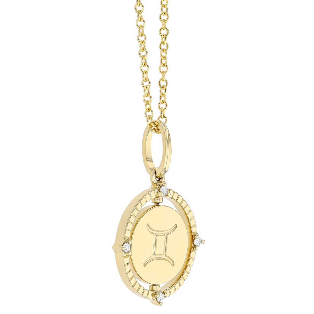 Gemini Zodiac Flip Disc Pendant with Diamonds in Yellow Gold