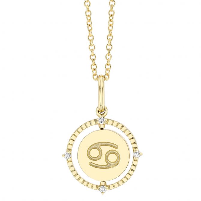 Cancer Zodiac Flip Disc Pendant with Diamonds in Yellow Gold