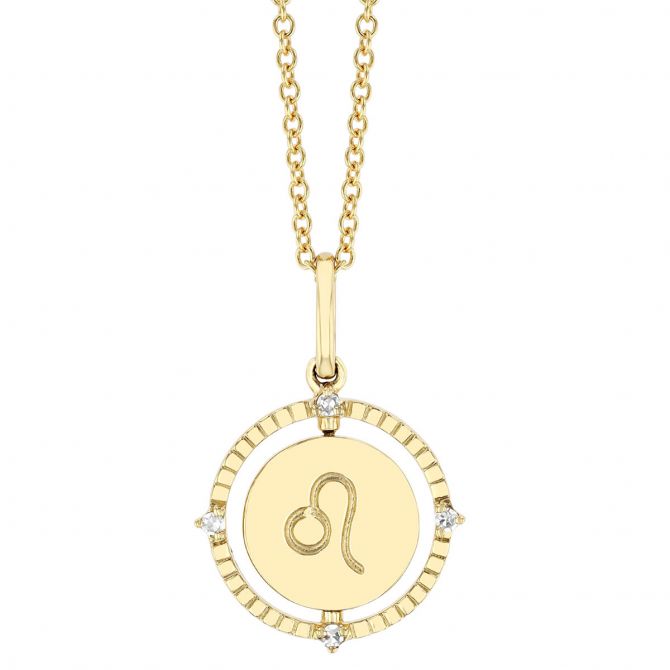 Leo Zodiac Flip Disc Pendant with Diamonds in Yellow Gold