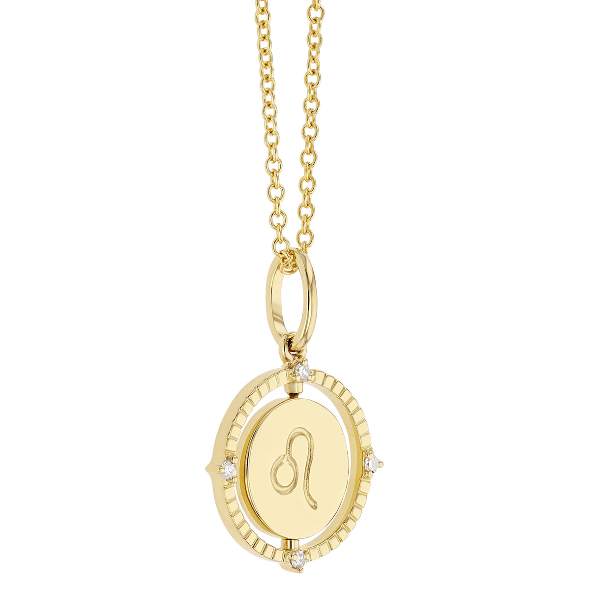 Leo Zodiac Flip Disc Pendant with Diamonds in Yellow Gold