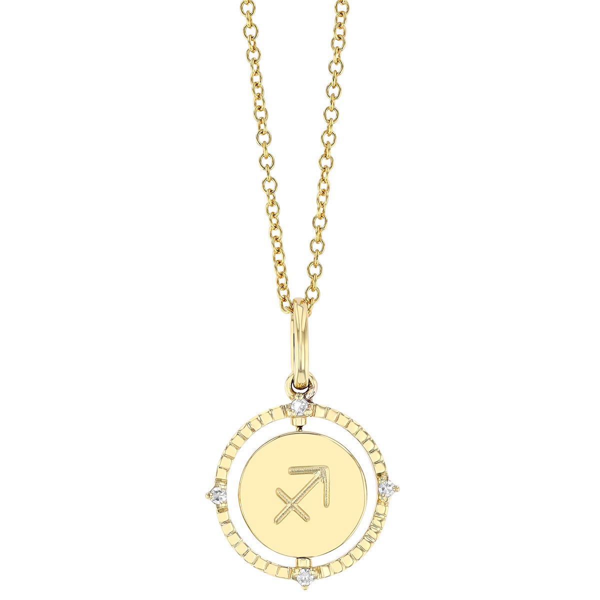 Sagittarius Zodiac Flip Disc Pendant with Diamonds in Yellow Gold