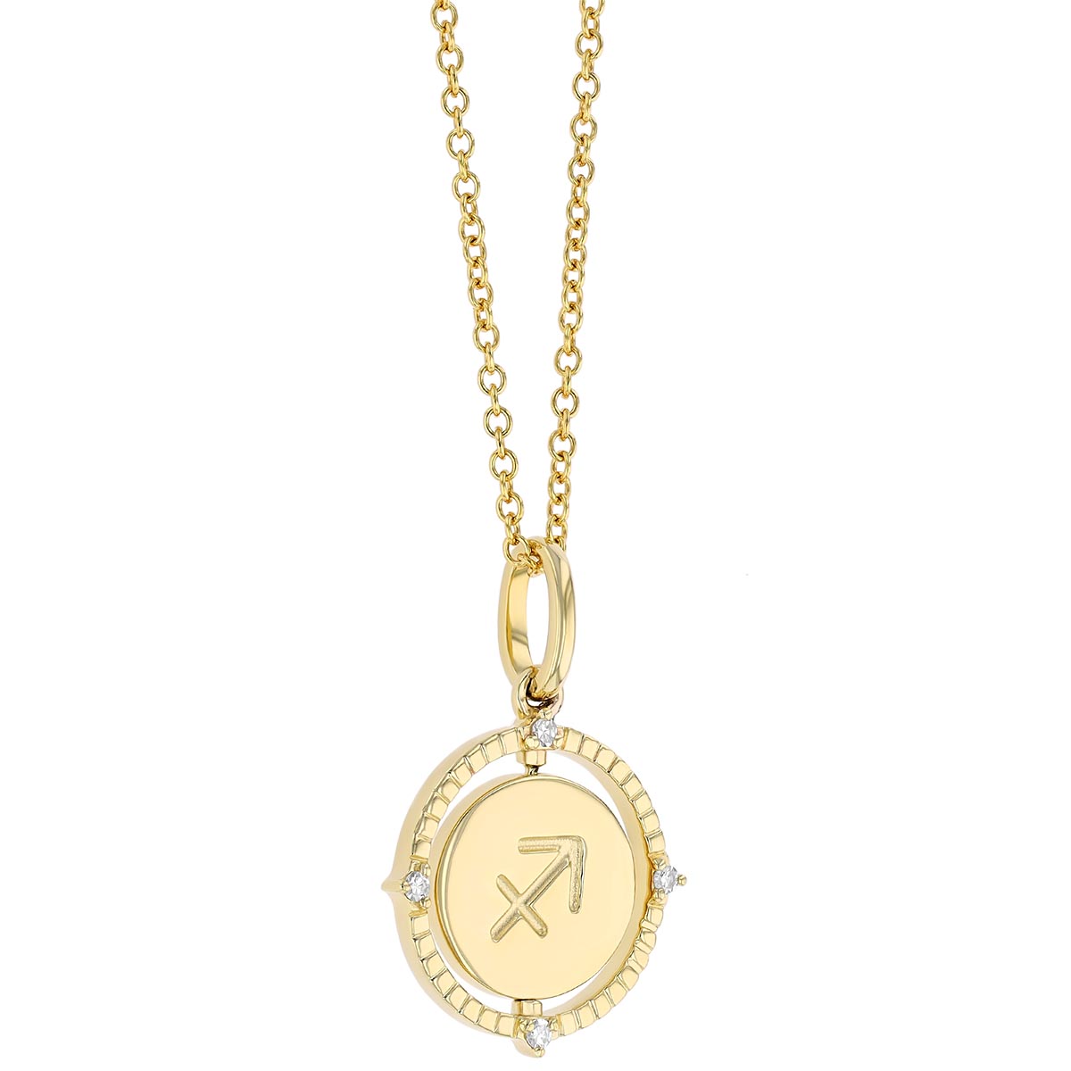 Sagittarius Zodiac Flip Disc Pendant with Diamonds in Yellow Gold
