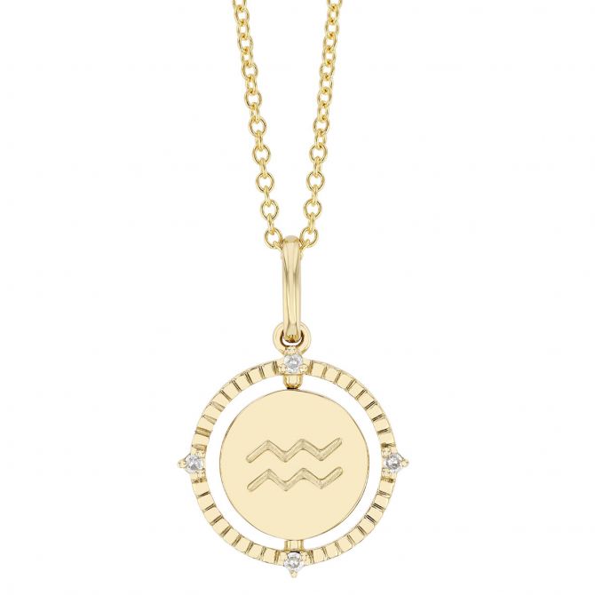 Aquarius Zodiac Flip Disc Pendant with Diamonds in Yellow Gold