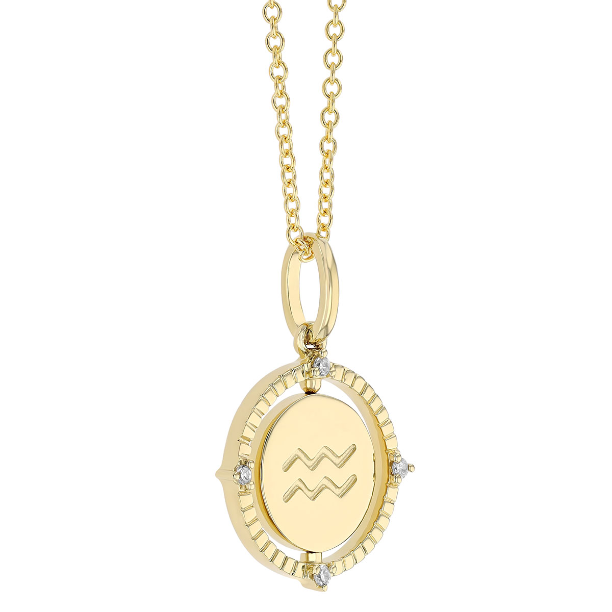 Aquarius Zodiac Flip Disc Pendant with Diamonds in Yellow Gold