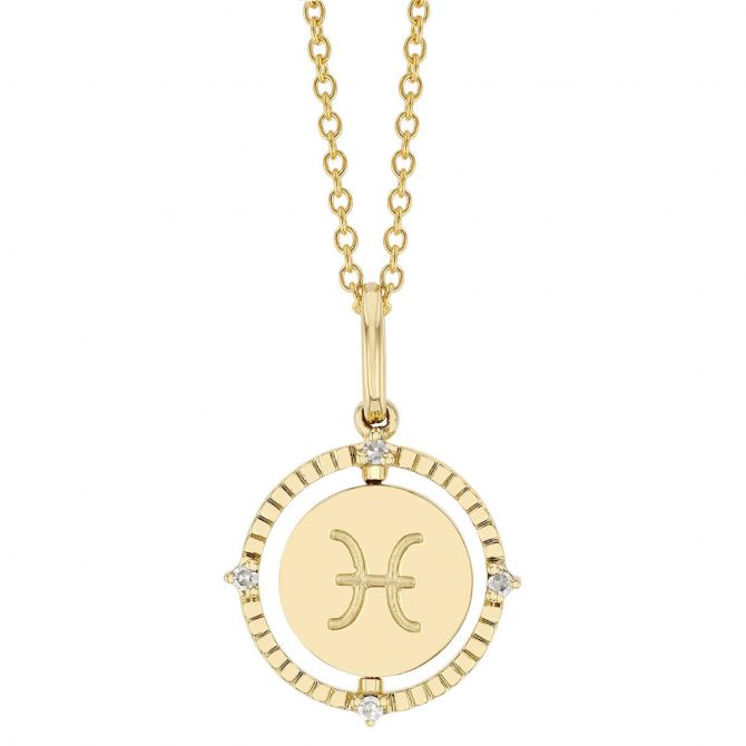 Pisces Zodiac Flip Disc Pendant with Diamonds in Yellow Gold