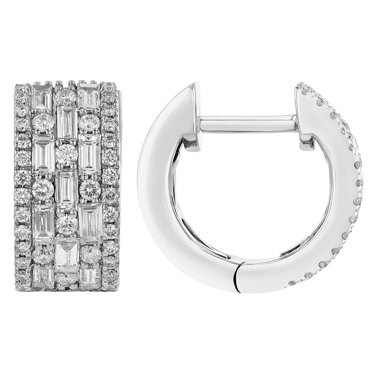 Baguette & Round Diamond Pavé 5 Row Huggie Hoop Earrings in White Gold