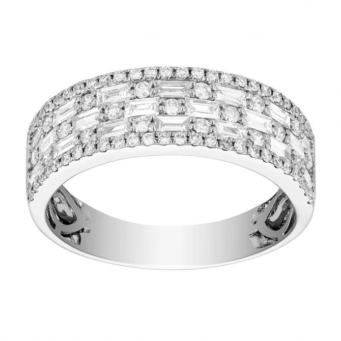 Baguette & Round Diamond Brick Pattern Band Ring in White Gold