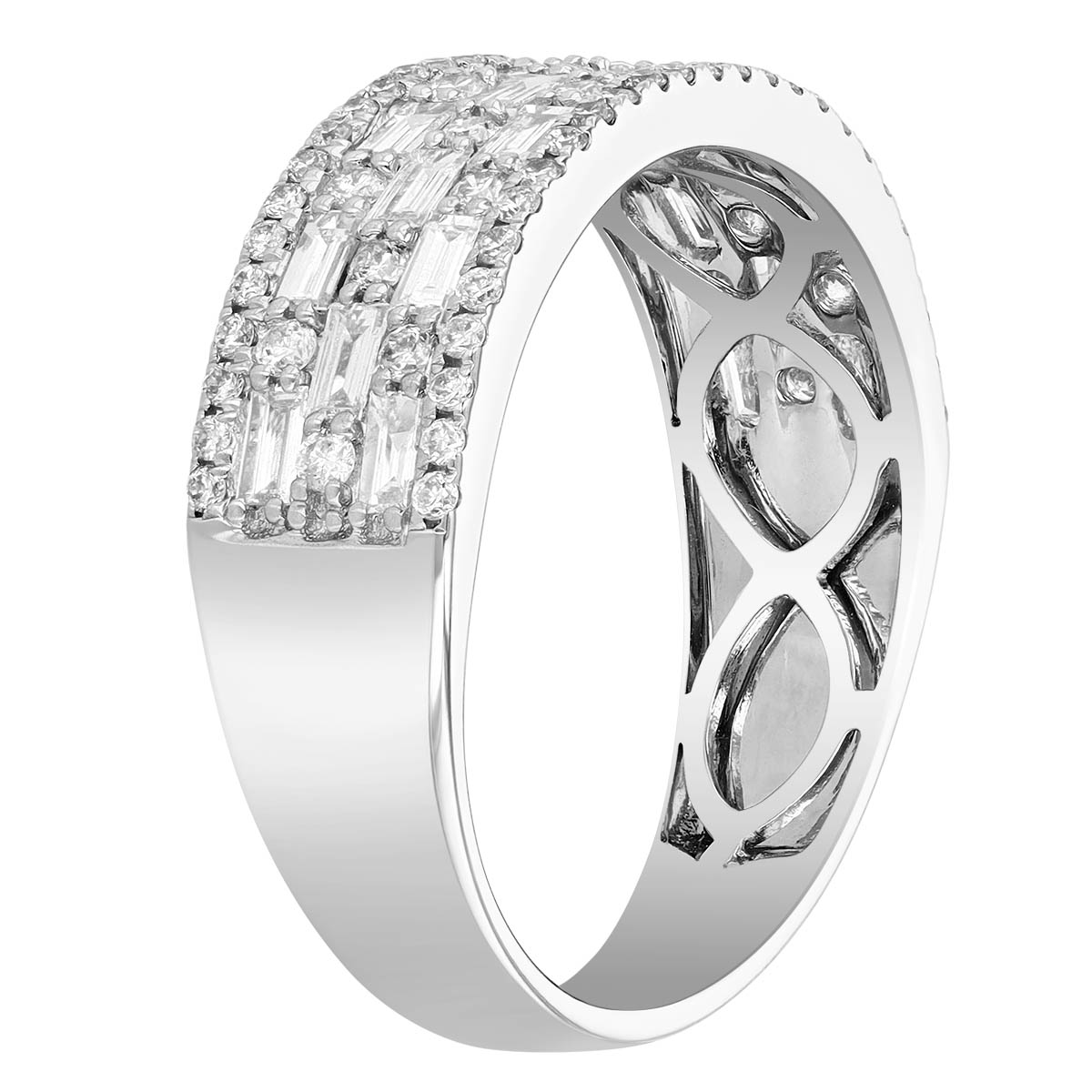 Baguette & Round Diamond Brick Pattern Band Ring in White Gold