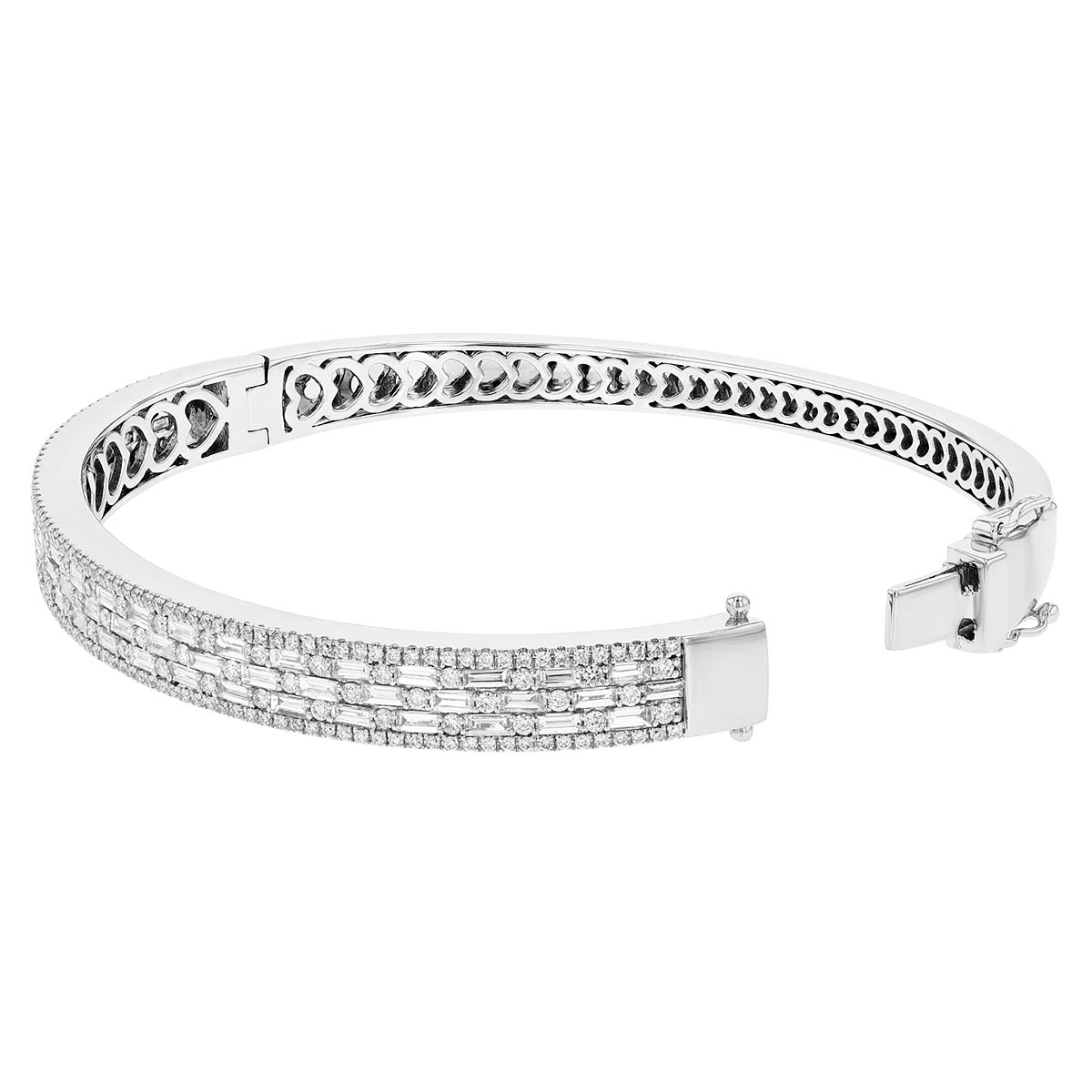 Baguette & Round Diamond Brick Pattern Graduated Bracelet in White Gold