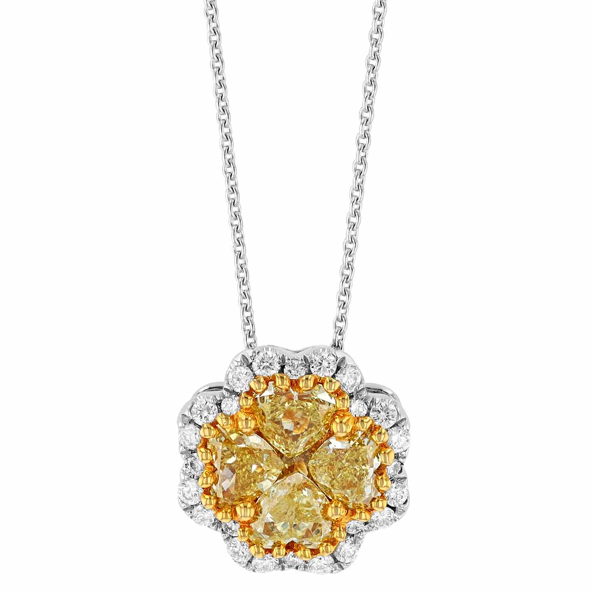 Fancy Yellow & White Diamond Quatrefoil Necklace in Two Tone Gold