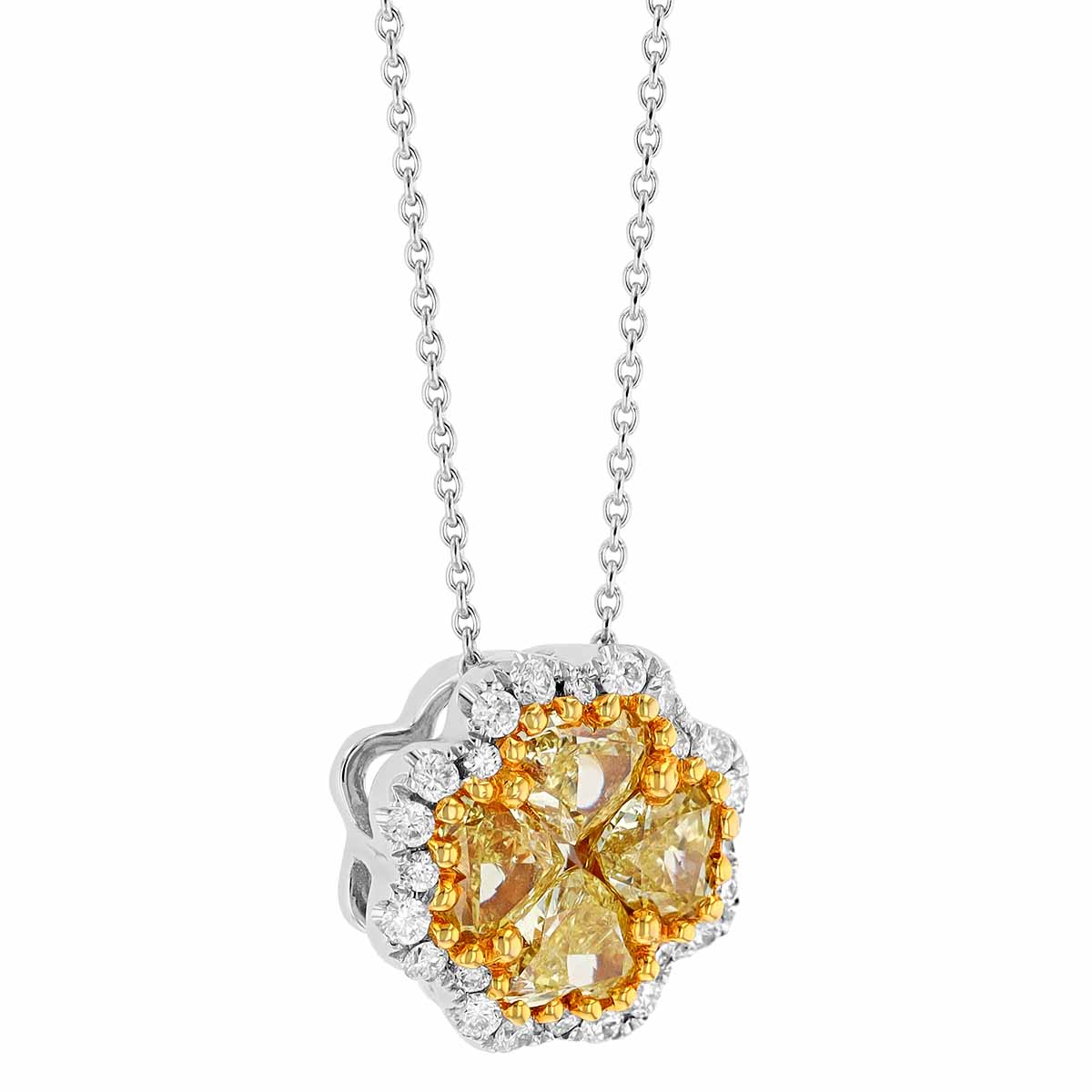 Fancy Yellow & White Diamond Quatrefoil Necklace in Two Tone Gold