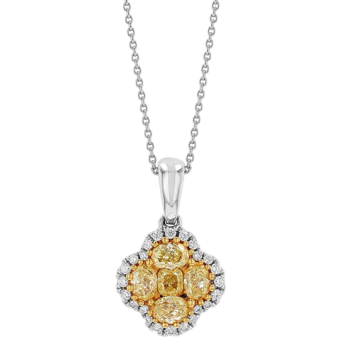 Fancy Yellow Diamond Clover Pendant with Halo in White Gold, 18