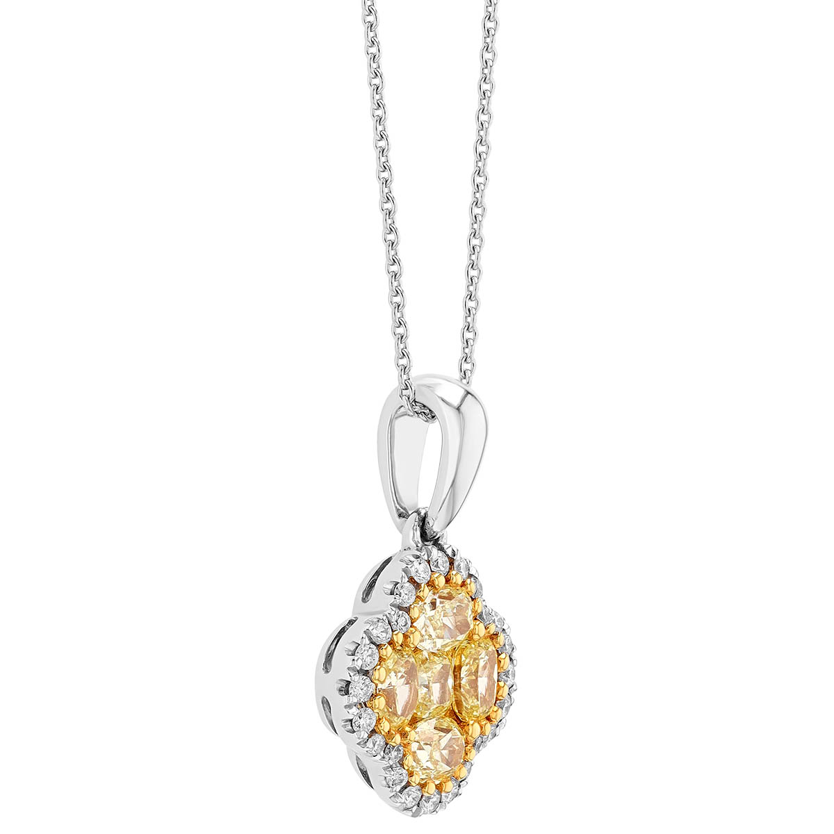 Fancy Yellow Diamond Clover Pendant with Halo in White Gold, 18