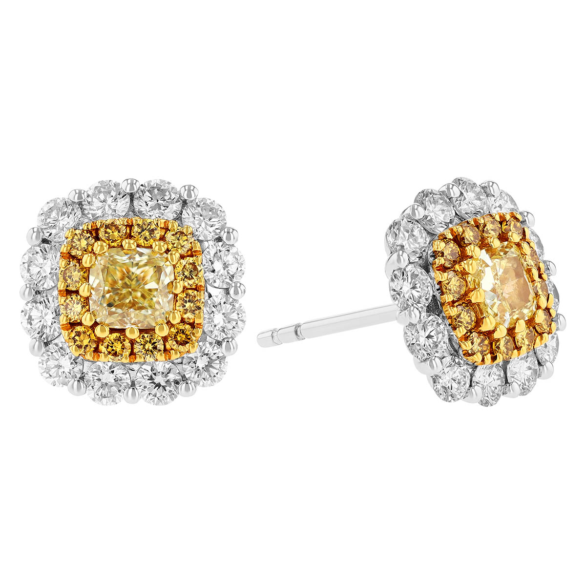 Fancy Yellow Diamond Double Halo Stud Earrings in White Gold