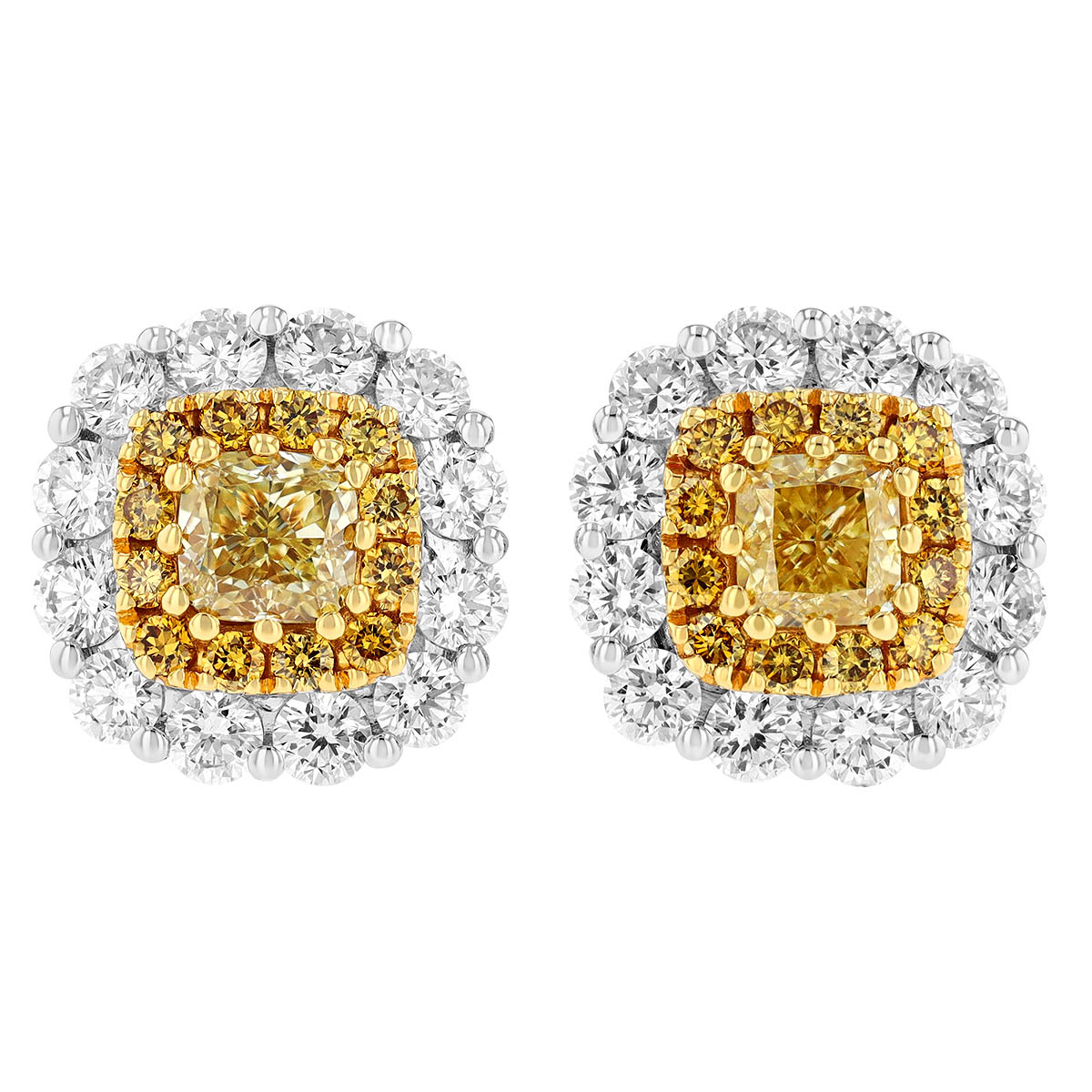 Fancy Yellow Diamond Double Halo Stud Earrings in White Gold