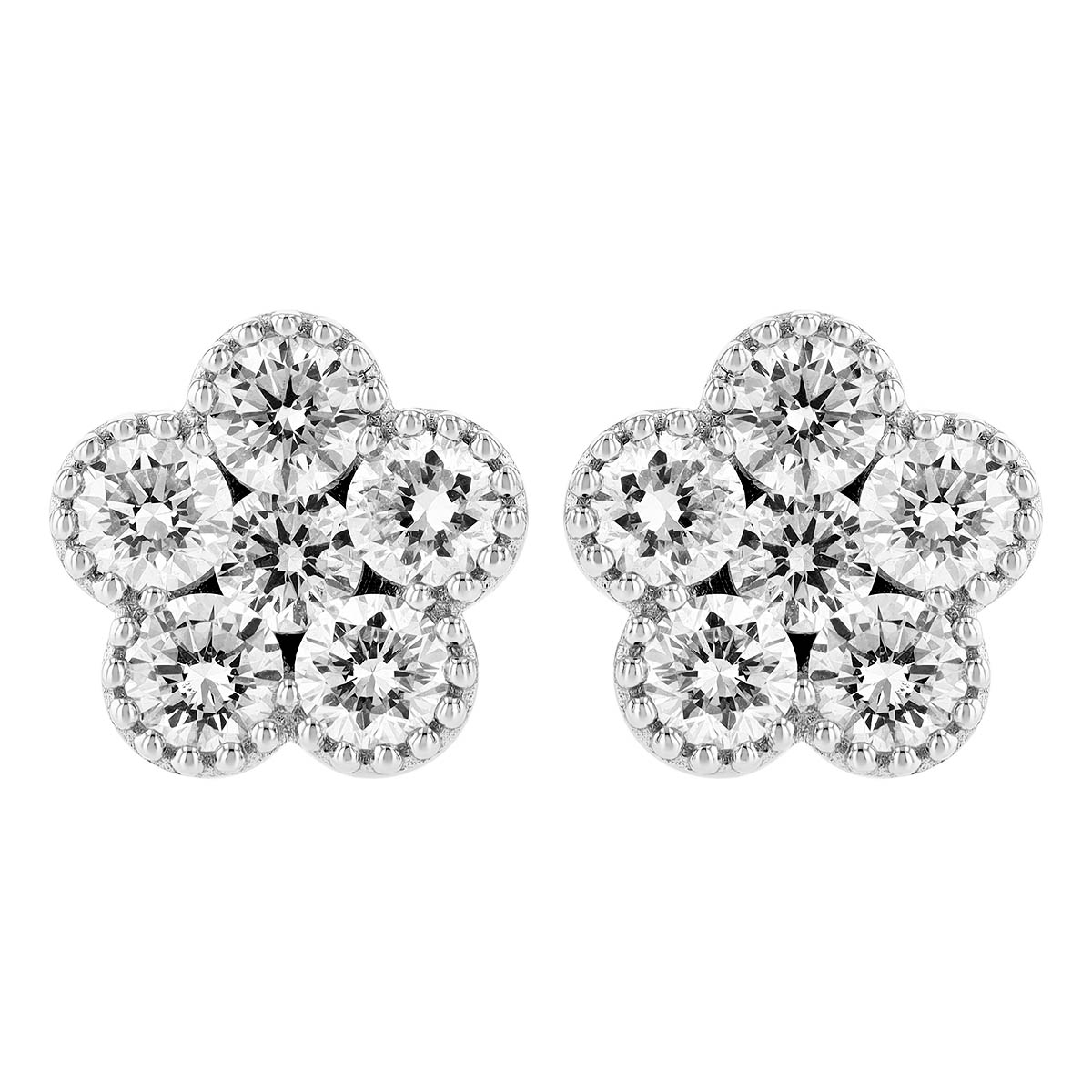 Diamond Petite Flower Stud Earrings with Milgrain in White Gold