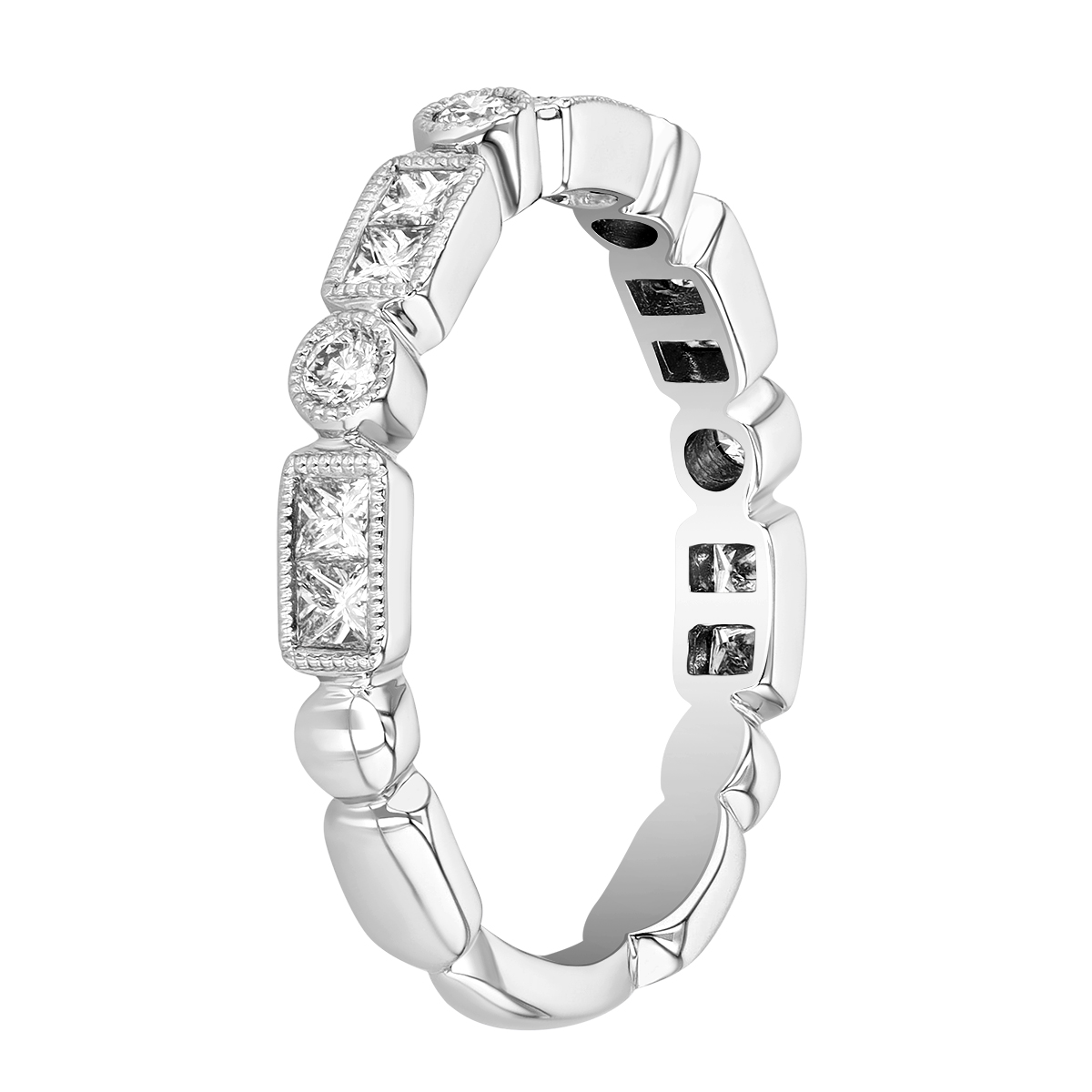 Princess Cut & Round Diamond Alternating Pattern Ring in White Gold
