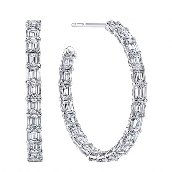 Rahaminov Emerald Cut Diamond Inside Out Open Hoop Earrings in White Gold