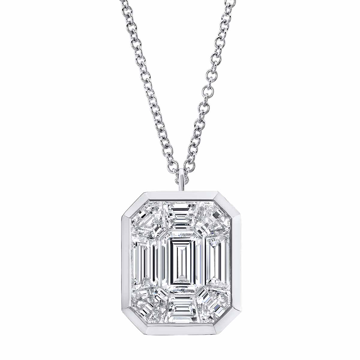 Rahaminov Diamond Mosaic Bezel Set Rectangular Pendant in White Gold 18