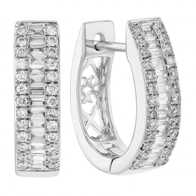 Straight Baguette & Round Channel Set Huggie Hoop Earrings in White Gold |  Borsheims