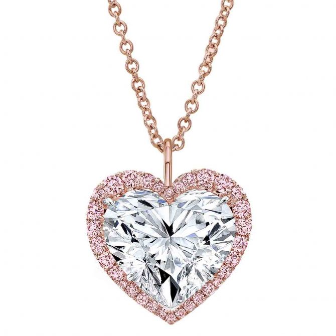 Rahaminov Heart Shaped Diamond & Fancy Pink Diamond Halo Pendant in Rose Gold, 18"