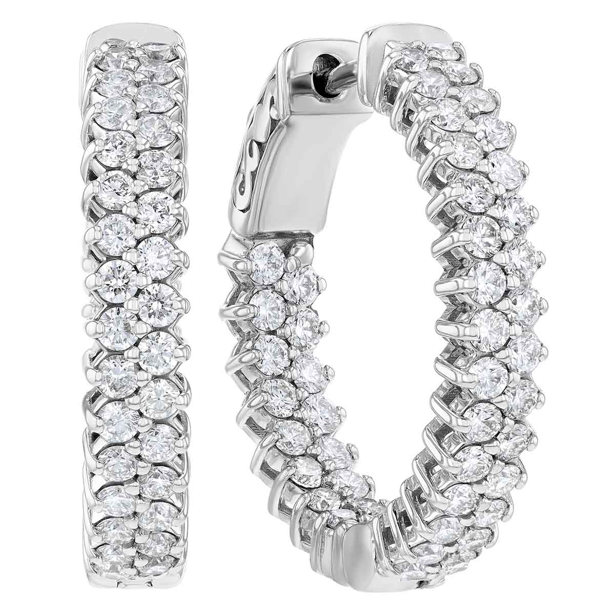 Diamond Two Row In & Out Hoop Earrings in White Gold, 1.80 cttw